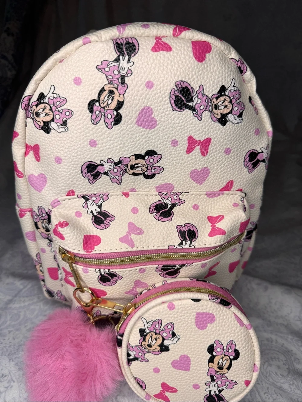 Disney Modern Minnie Mouse on Cream & Heart Mini Backpack with Pom & Coin Pouch